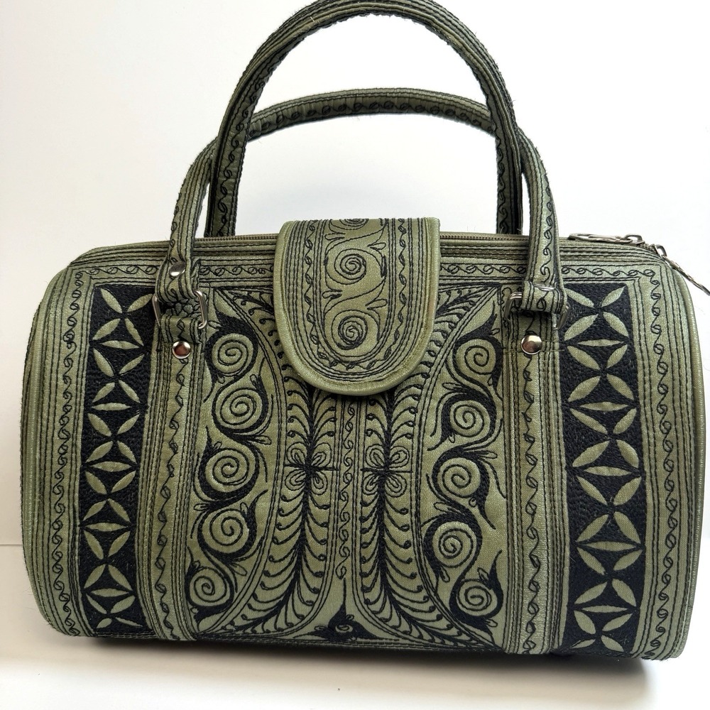 Embroidered Textile Barrel‎ Satchel Bag Green Black Boho Purse